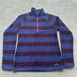 Eddie Bauer Women's Blue and Red Patterned Quarter Zip Up Fleece